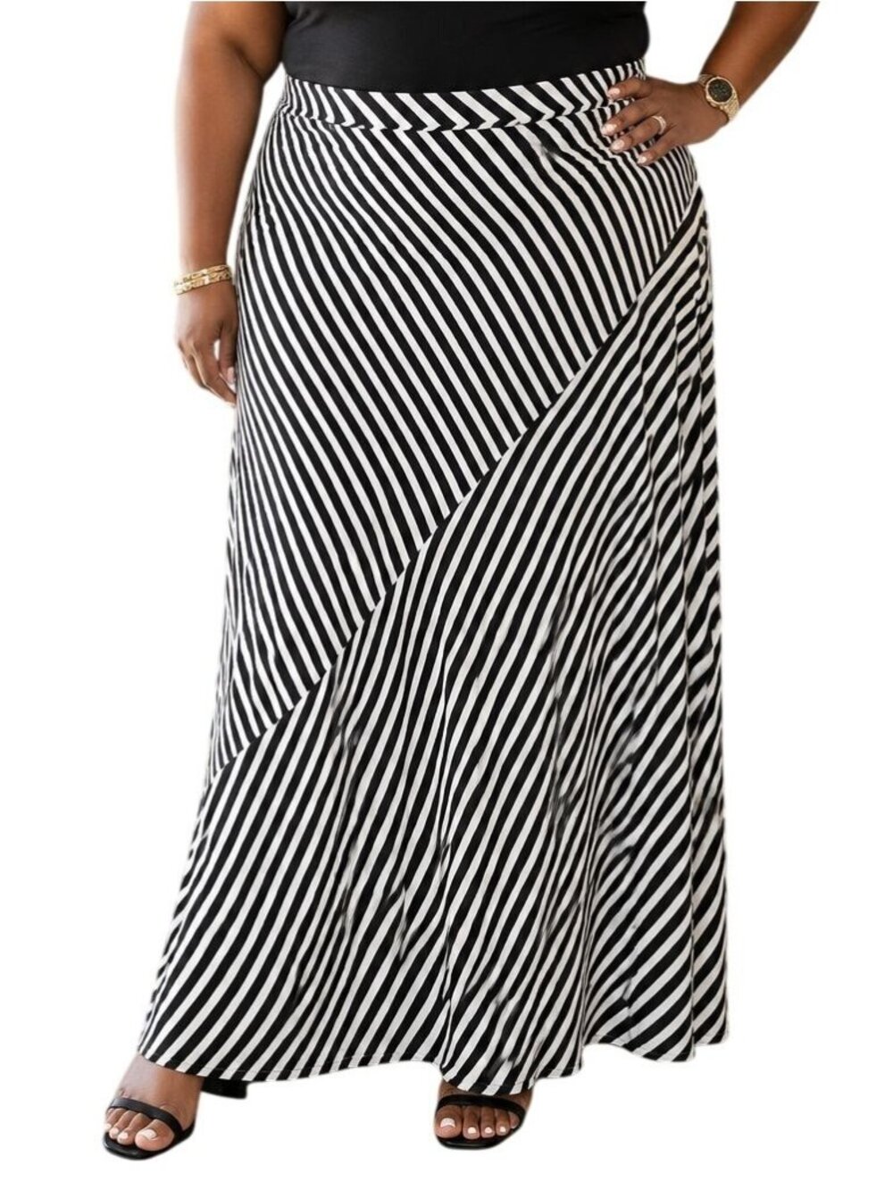Cha Cha Vente Plus Size 2X Skirt Maxi Black White Striped Elastic Waist Flowy
